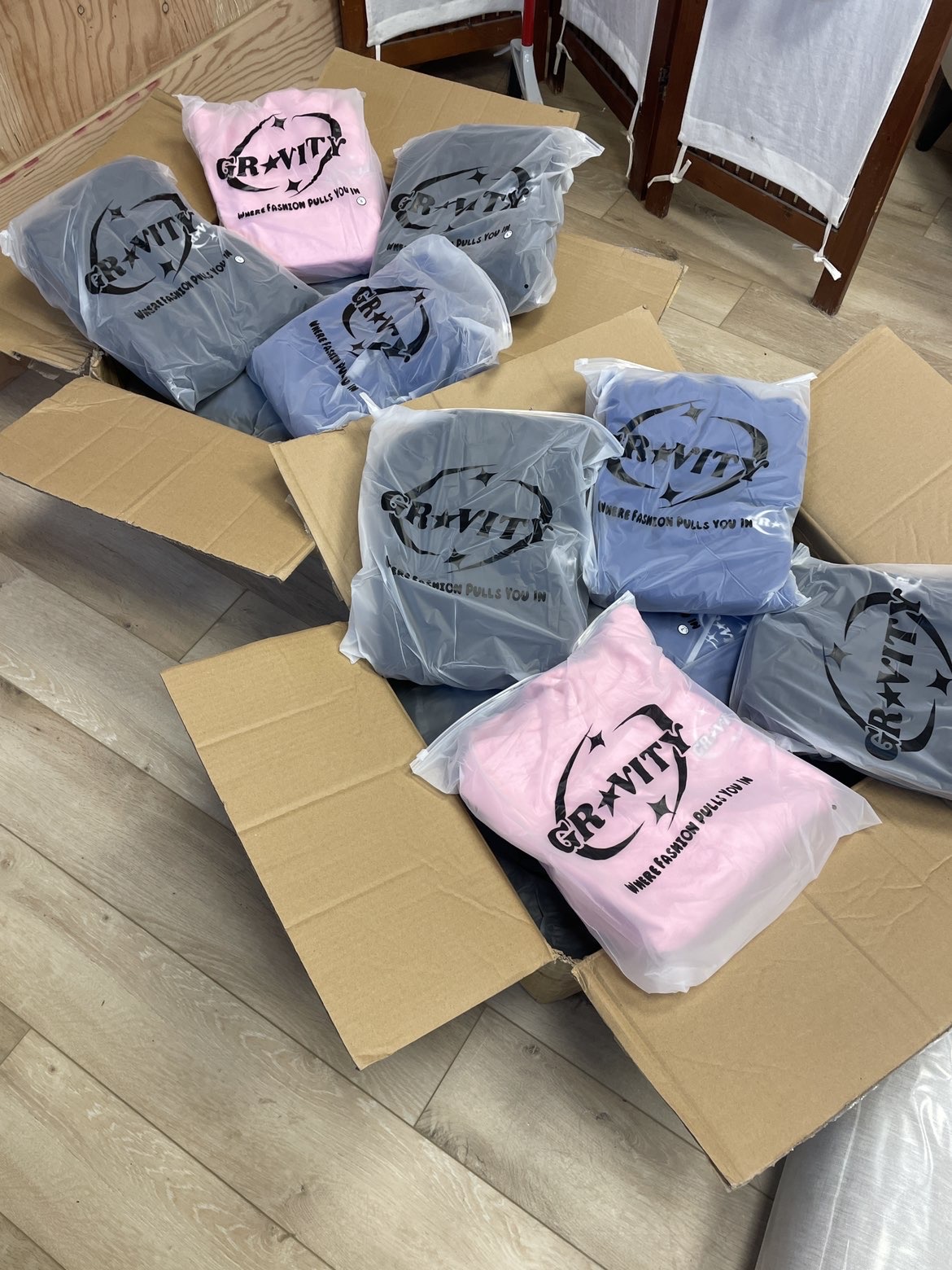 Gravity hoodies packaged and ready to ship